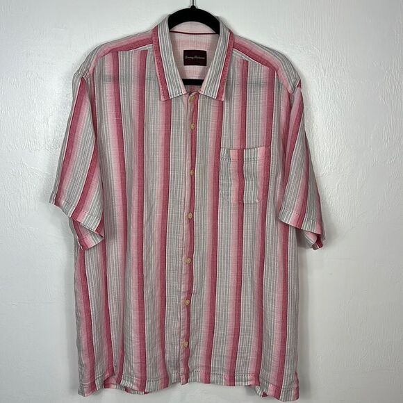 Tommy Bahama Linen Gray And Pink Striped Short Sleeve Button Down Shirt Size XL - Picture 1 of 10